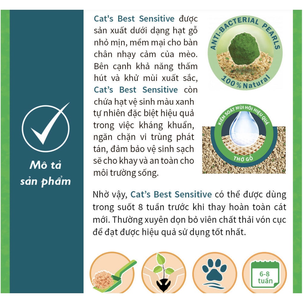 CAT'S BEST SENSITIVE - CÁT HỮU CƠ SIÊU THẤM HÚT CHO MÈO bao 2.9kg