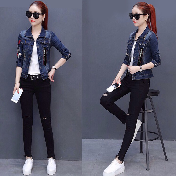 Áo Khoác Jean Nữ Dài Tay Thêu Hoa Kèm Khoen Túi,Áo Khoác Bò,Jean Dài Tay
