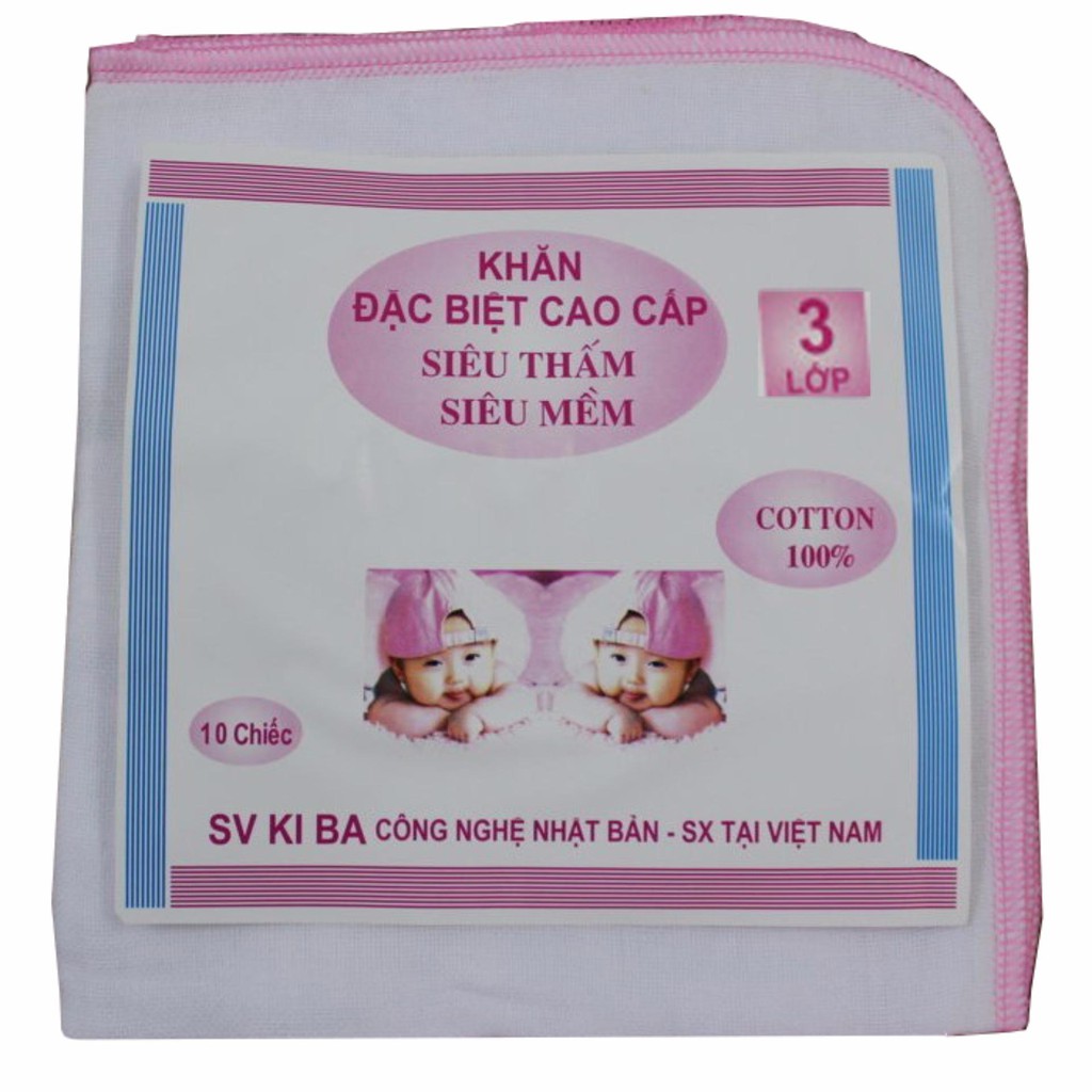 Túi 10 Khăn sữa KiBa 3 lớp 100% cotton siêu mềm