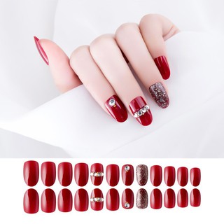 [Hàng mới về] Set 24 móng tay giả màu đỏ đính đá nhân tạo thời trang XAR512