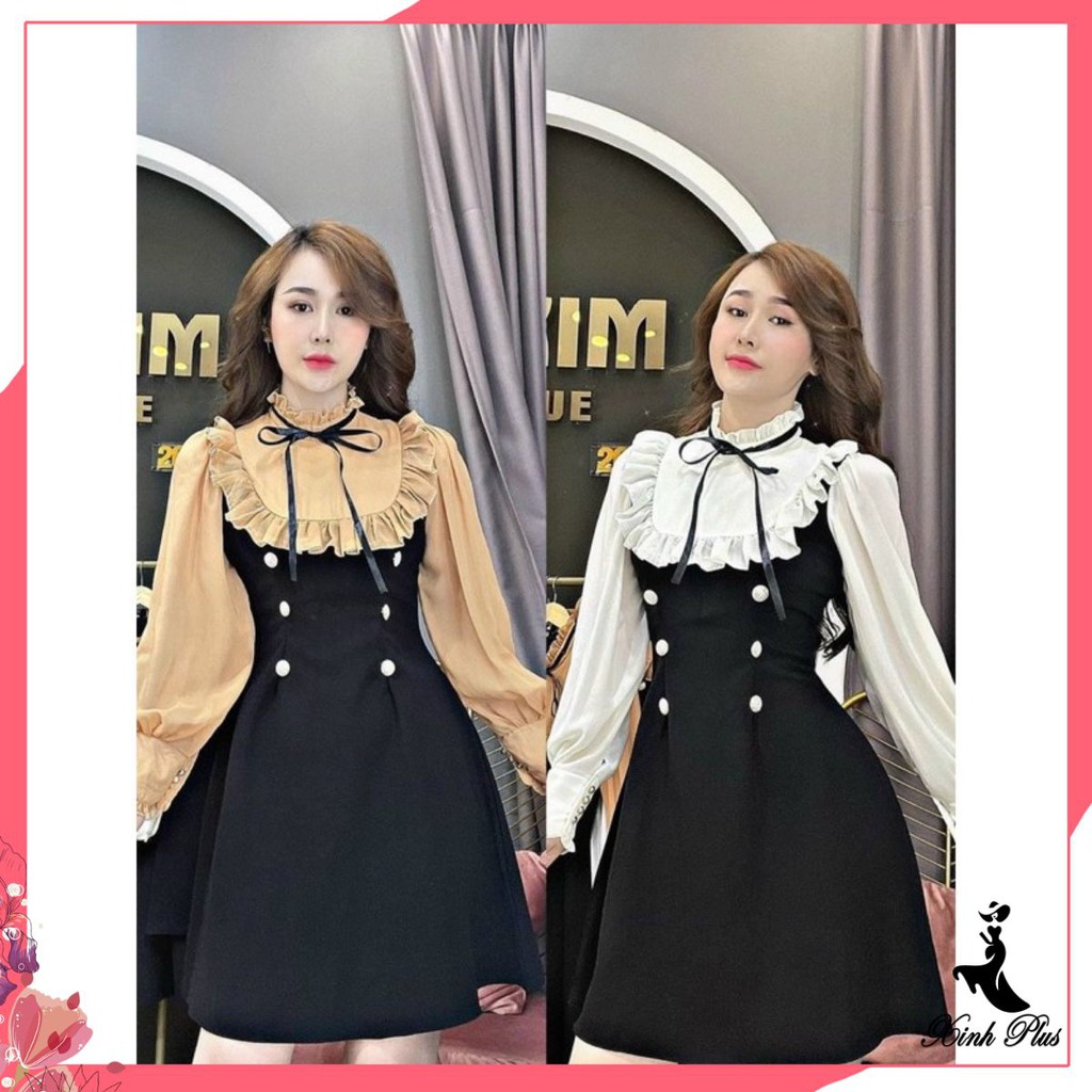 Đầm xoè công sở thanh lịch phối bèo nơ cổ