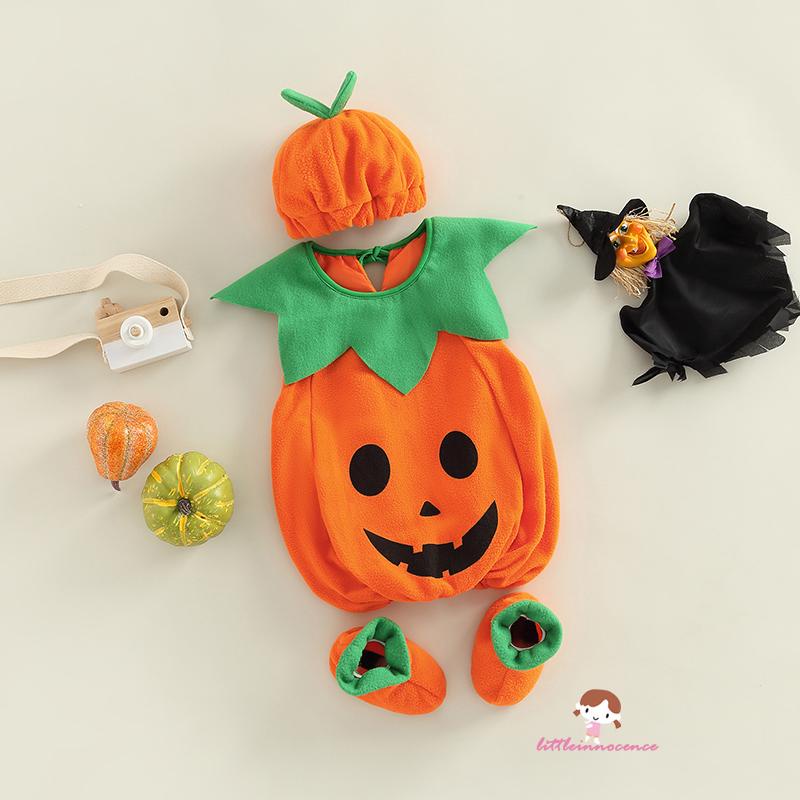 Set Áo Liền Quần + Mũ + Giày Không Tay Hình Bí Ngô Cho Bé