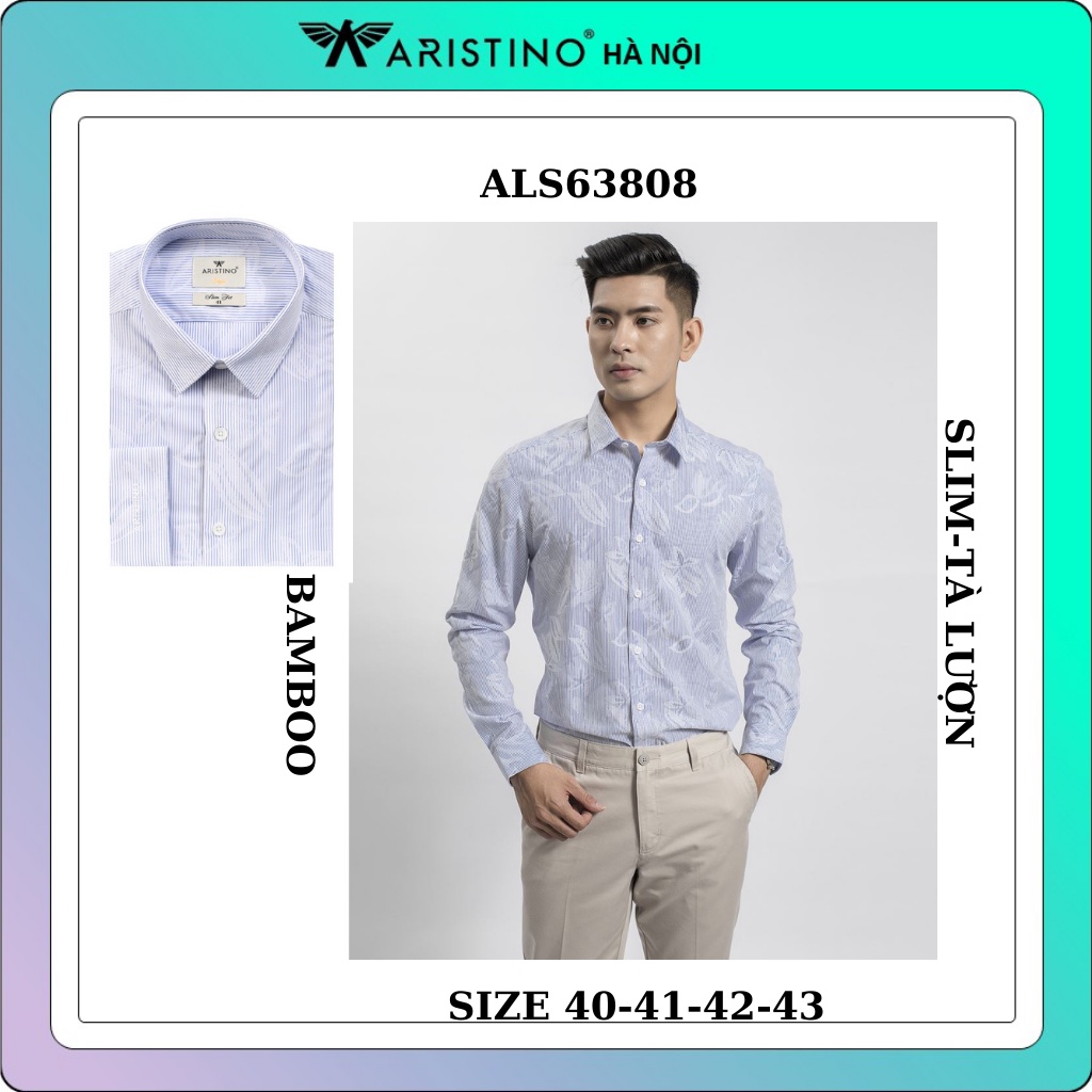 Áo sơ mi dài tay nam Aristino  sợi tre kháng khuẩn, sọc trắng hoa chìm , tà lượn , from slim ALS63808