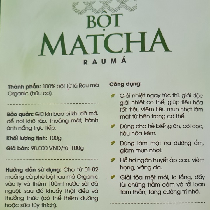 Bột matcha Quảng Thọ, trà rau má, 100% từ lá rau má Organic sấy lạnh giúp đẹp da, thanh nhiệt