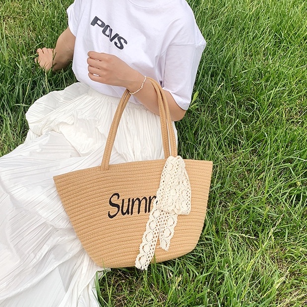 Túi xách nữ thời trang mới Thông thường đơn giản thêu chữ cái Túi đeo vai Đi biển Kỳ nghỉ Túi xách bện (bao gồm ruy băng)
