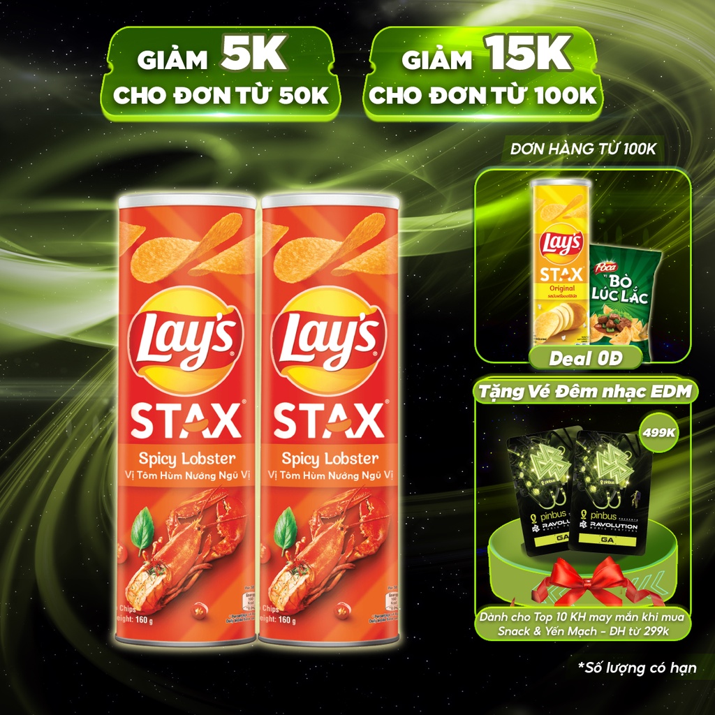 [Mã GRO1APR giảm 20K đơn 150K] Combo 2 Bánh snack khoai tây miếng Lay's Stax vị tôm hùm nướng ngũ vị 160g/hộp