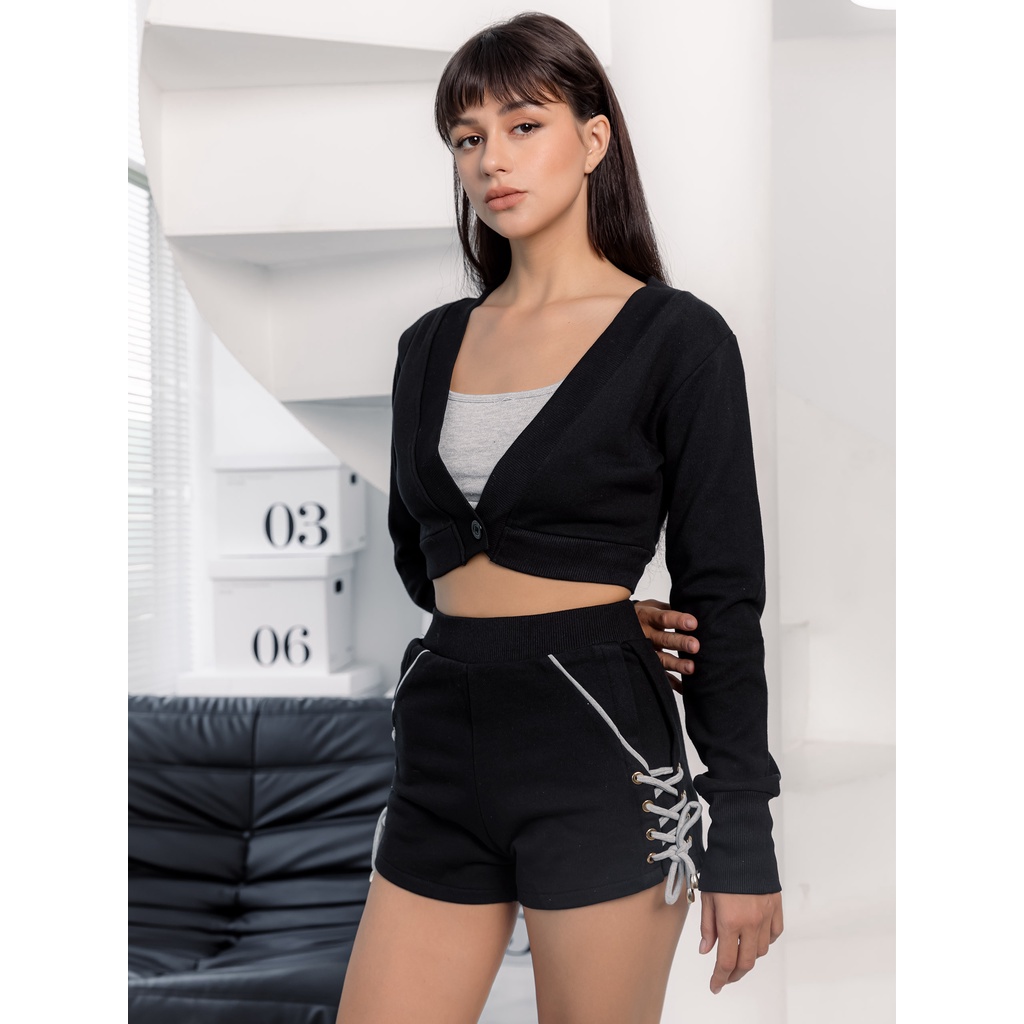 Set Bộ 3 Món Áo Croptop Nữ Tay Dài Phối Short 4 Màu Đen,Trắng, Xám, Vàng, SOMEHOW,WO000013.