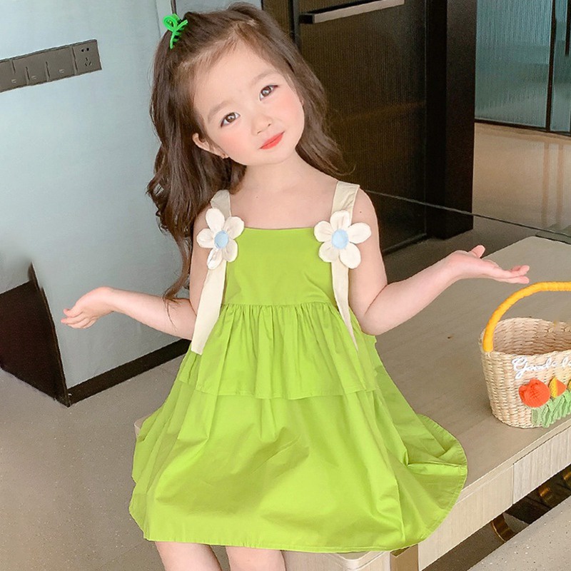 Đầm Công Chúa Hai Dây Màu Trơn Thời Trang Mùa Hè Hàn Quốc Cho Bé Gái Se7en