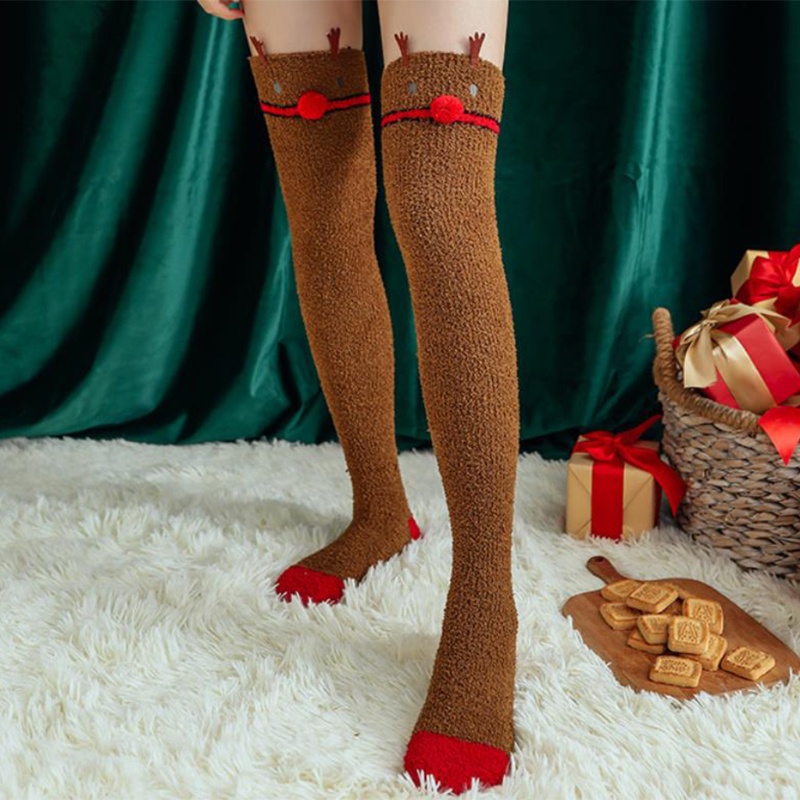 Tất Nhung San Hô Phối Lông Xù Họa Tiết Ông Già Noel Tuần Lộc Dễ Thương Cho Nữ