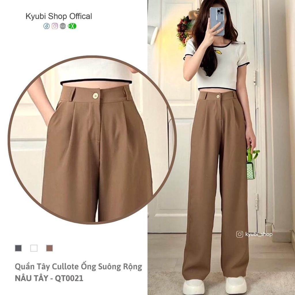Quần dài culottes nữ ống rộng suông màu nâu tây form dài phong cách Ulzzang  - Quần Culotte Kyubi QT0021_N