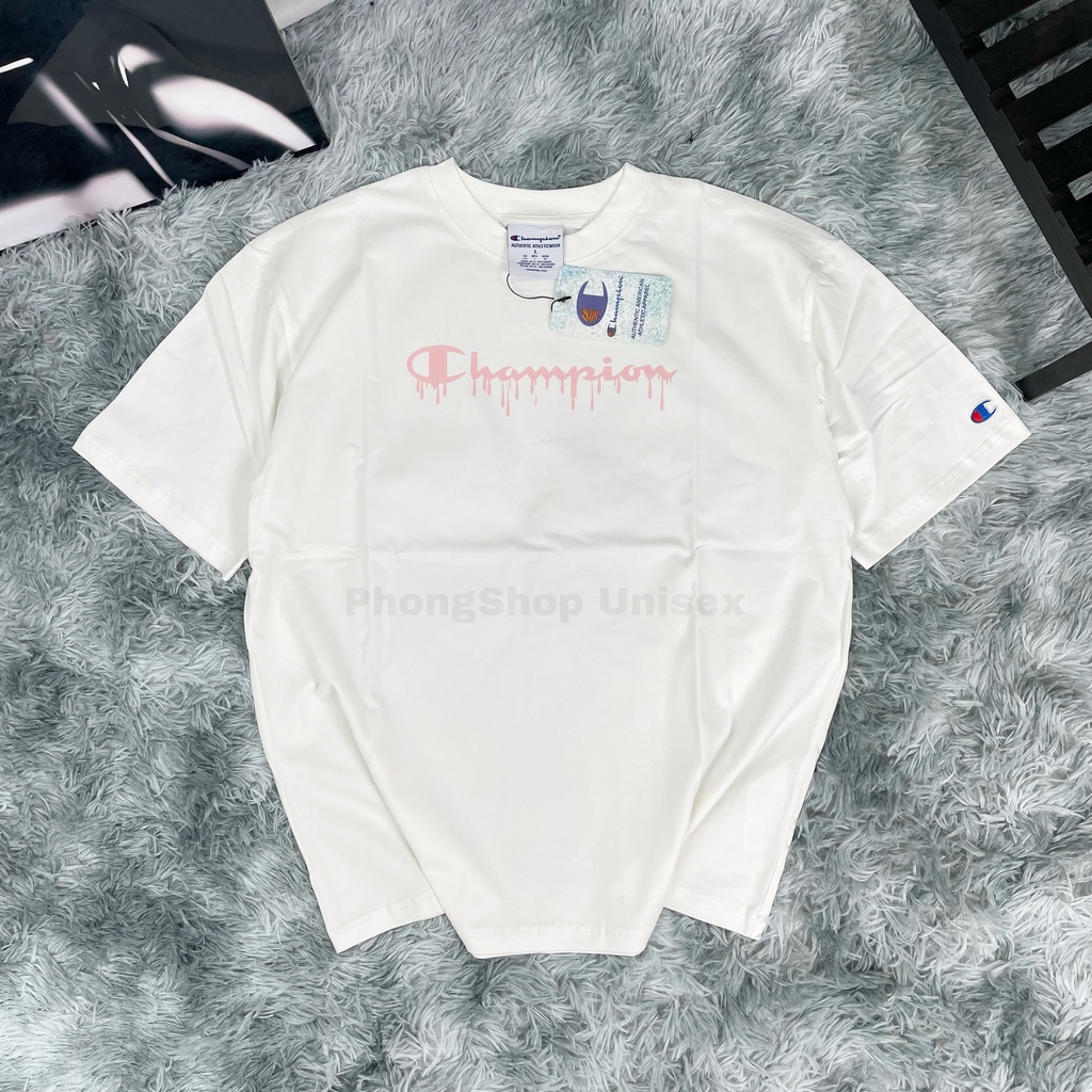 Áo thun Champion Unisex tay lỡ nam nữ Logo in chữ chảy màu Phong Shop