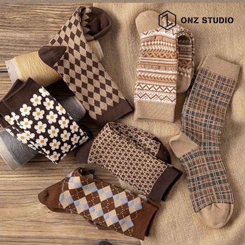 Vớ cotton ONZ Studio - SET 6 - Tất chân nam nữ cổ cao mềm mịn co giãn phong cách vintage TA05