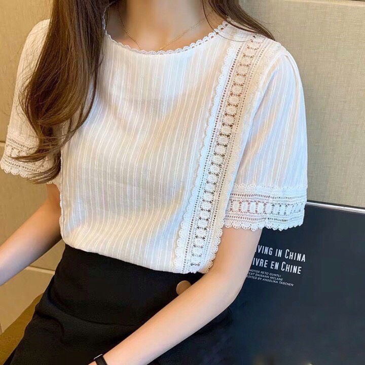 [Ảnh thật] Áo sơ mi babydoll cổ tròn cộc tay ren hai bên - Áo kiểu nữ ren cổ cách điệu ulzzang