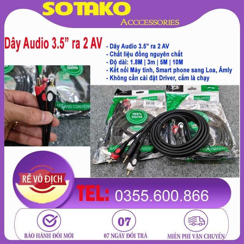Dây tín hiệu Audio 3.5 ra 2 AV, hàng cao cấp, giá rẻ