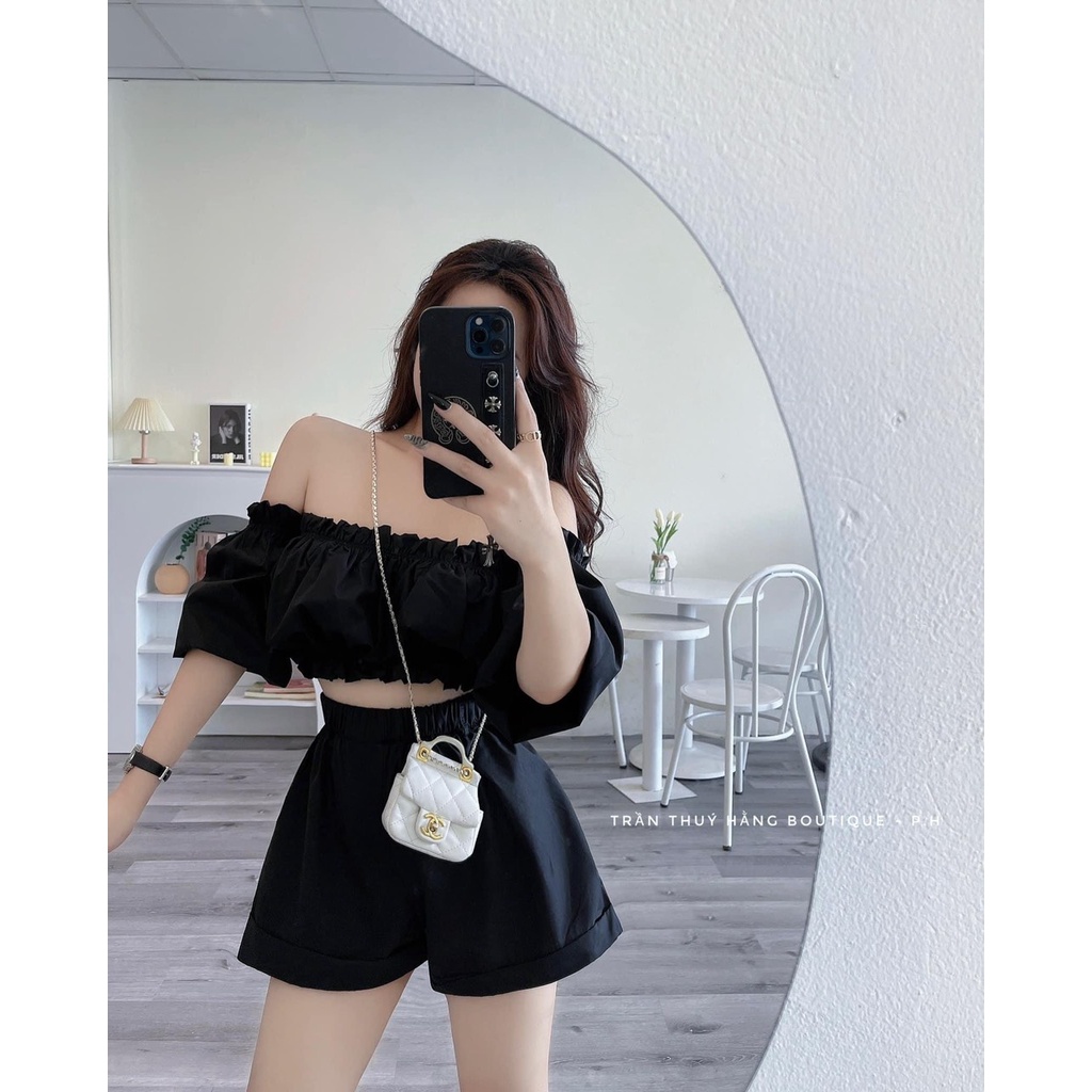[10,10 Sales Freeship] Set bộ đùi trễ vai đi biển, set áo bẹt vai croptop tay phồng phối quần sooc đùi bánh bèo mtb