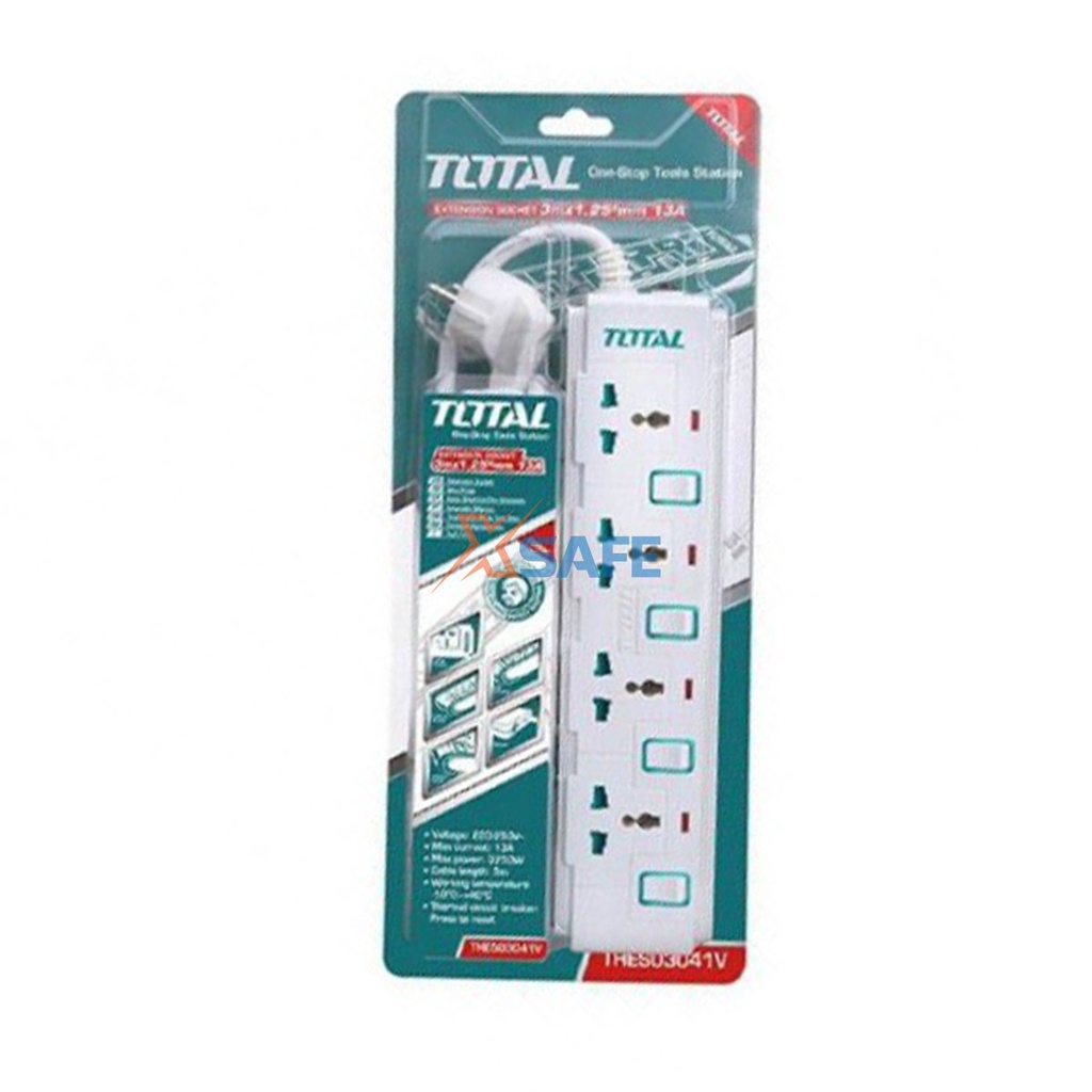 Ổ Cắm Điện Đa Năng TOTAL THES03041V 4 ổ cắm Công tắc riêng 13A tải 3250W Dây đồng 3m chống cháy, quá tải, chống giật