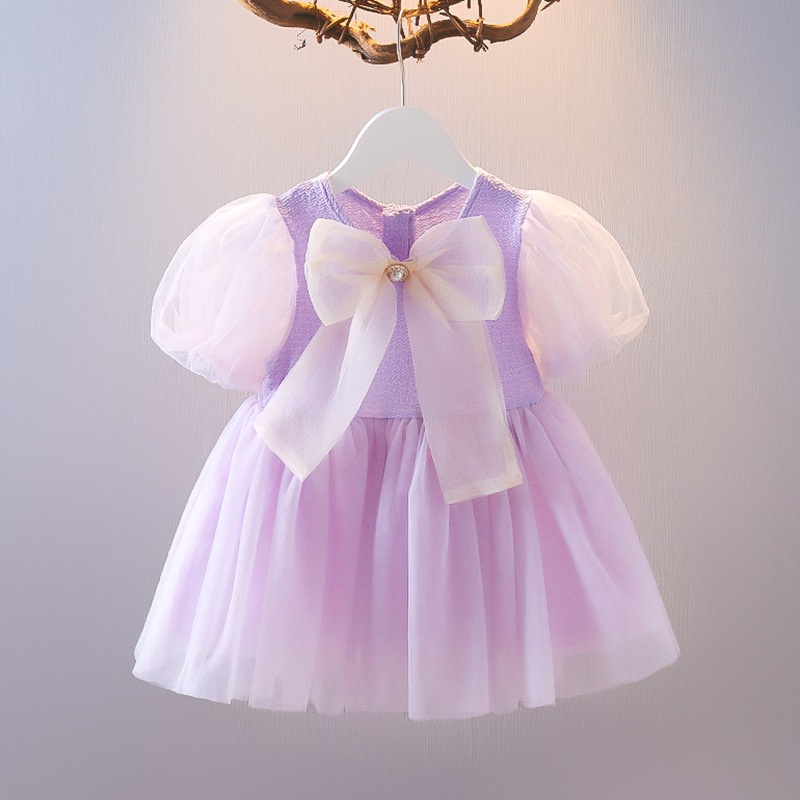 Đầm Công Chúa Tay Phồng Phối Ren Thắt Nơ Cho Bé Gái