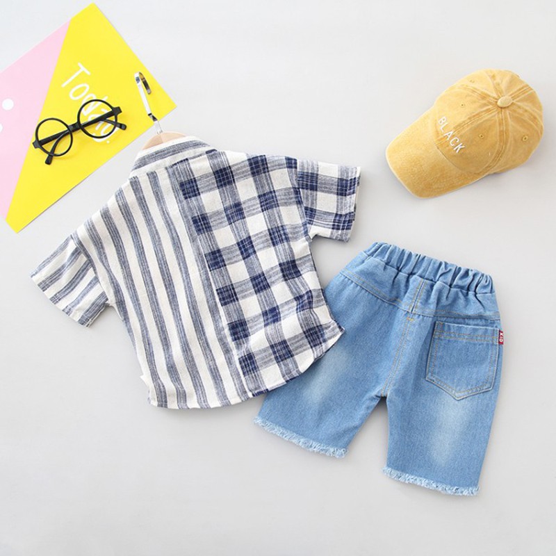 Set áo sơ mi tay ngắn và quần jean lưng thun phối rách cá tính thời trang cho bé trai