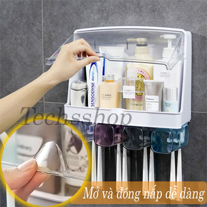 Kệ nhà tắm dán tường để bàn chải có nắp đậy kèm theo ly - Hộp để đồ đa năng KNT-8001