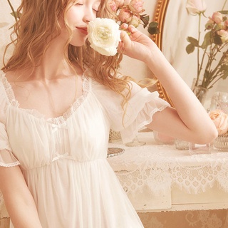 Đầm ngủ tay ngắn phối ren màu trắng có mút ngực thời trang xuân hè xinh xắn cho nữ