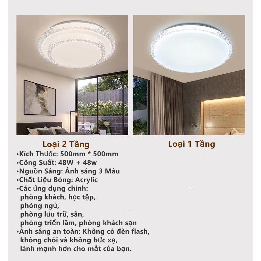 Đèn led ốp trần 3 màu tròn viền kép trang trí phòng khách phòng ngủ. Kích thước: 500mm ,Công suất: 48w.OR-TT-001/1