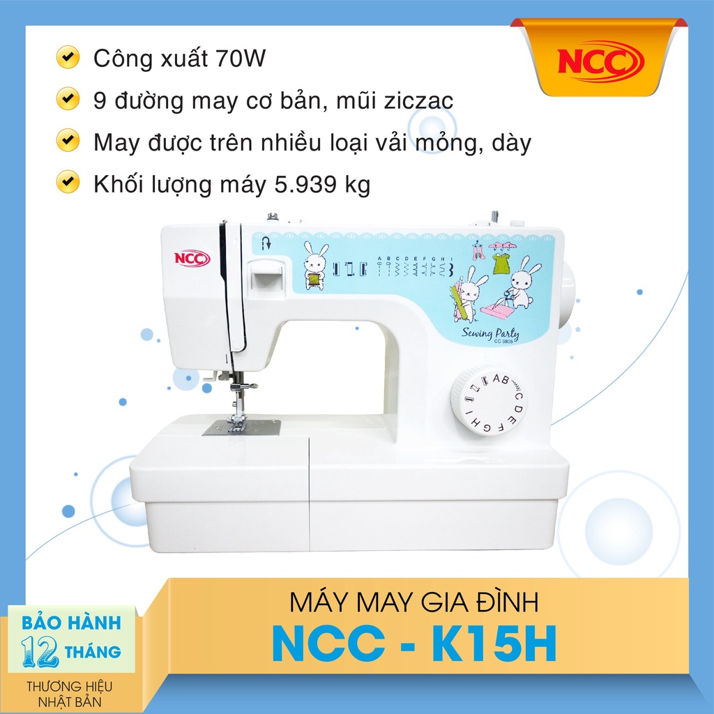 Máy may gia đình NCC K15H-Máy may cơ Nhật Bản-Màu xanh họa tiết thỏ con