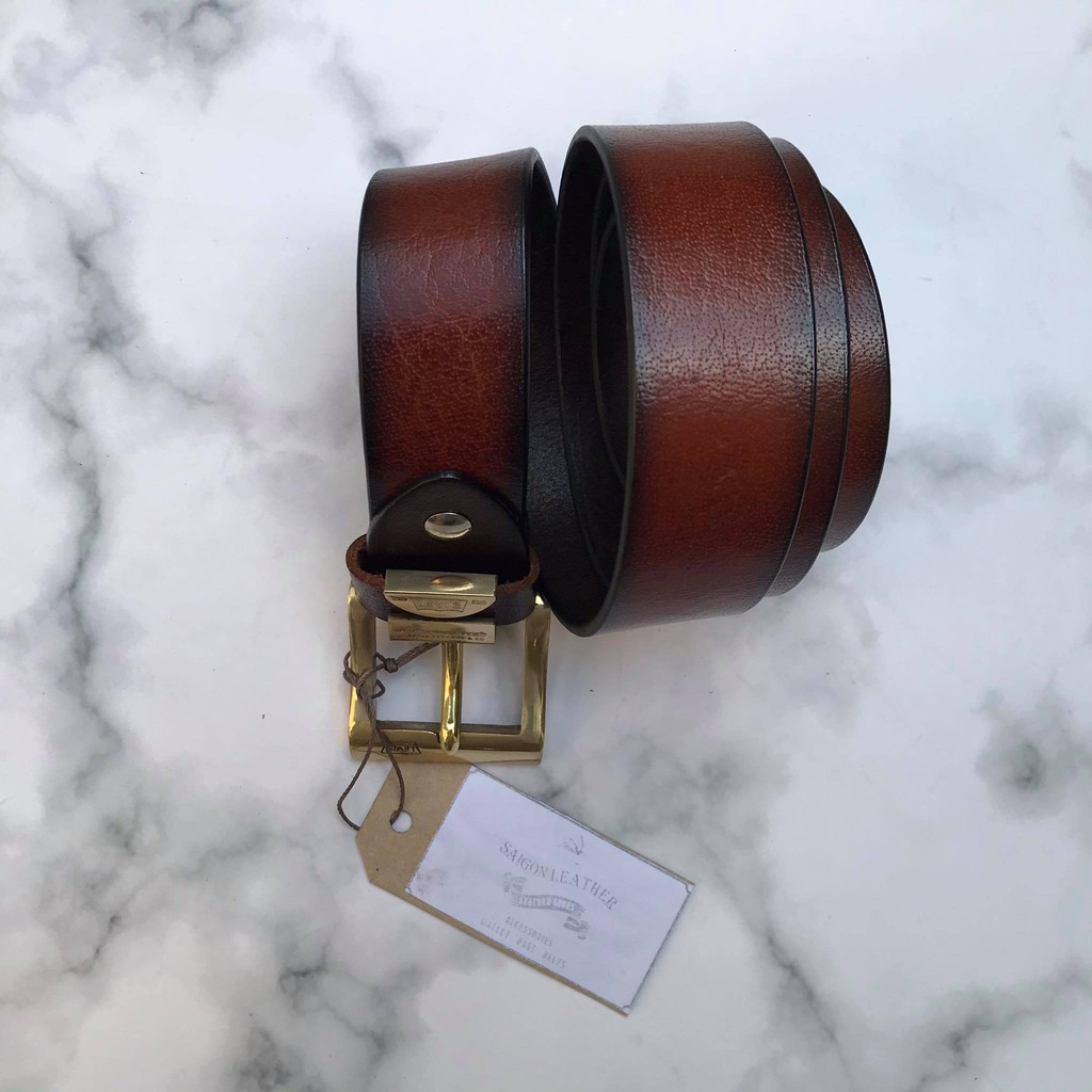 Dây Nịt Da Bò Tự Nhiên Viền Đen - Mặt Đồng Đúc Nguyên Khối LB006