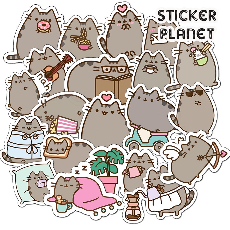 Bộ sticker mèo pusheen  trang trí mũ bảo hiểm, đàn, guitar, ukulele, điện thoại laptop