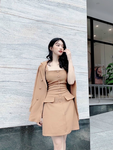 SET ĐẦM NÚT BỌC KHOÁC ĐEN - NÂU