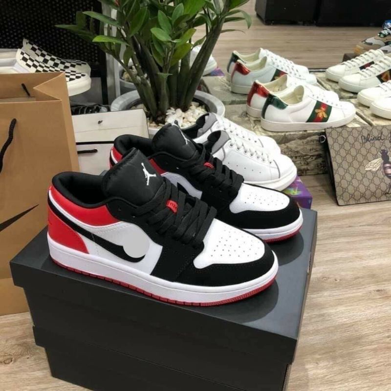 Giày jordan màu đen đỏ thấp cổ, giày jd đỏ đen nam nữ full box bill