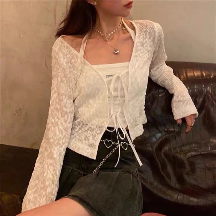 COZOK Áo Khoác Cardigan Tay Dài Màu Trơn Cột Dây Thời Trang Cho Nữ