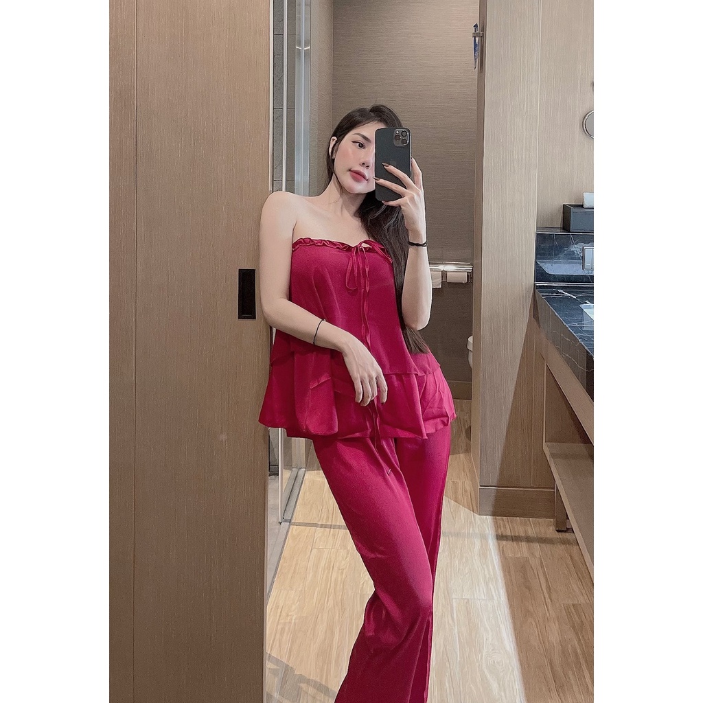 Đồ mặc nhà 2 dây yếm Sexy lụa slatin Siêu Mát
