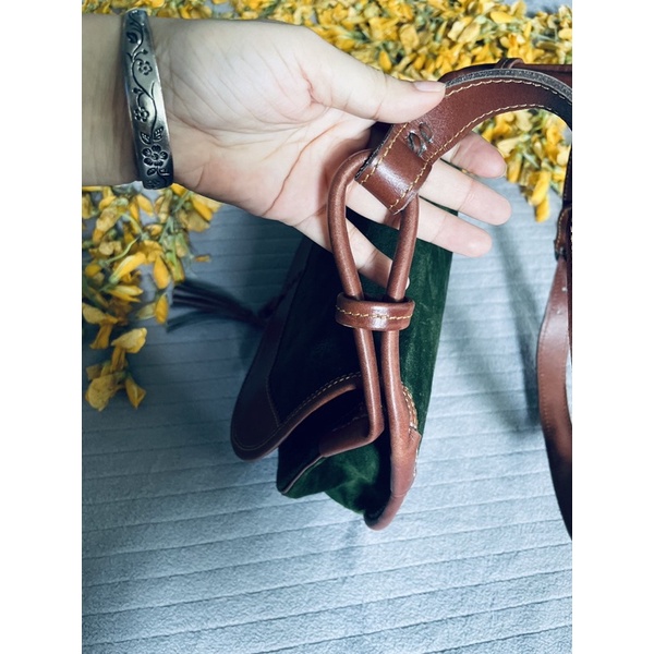 SALE- túi si da lộn phối da mộc xanh rêu