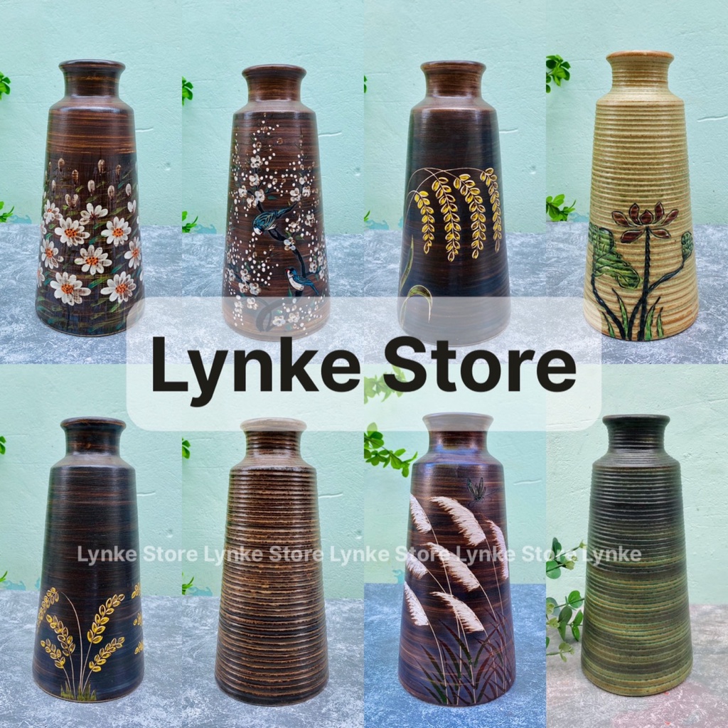 Bình Hoa Men Mộc Dáng Chai Vẽ Cây Cỏ Gốm Sứ Bát Tràng - Lọ Hoa Decor Lynke Store