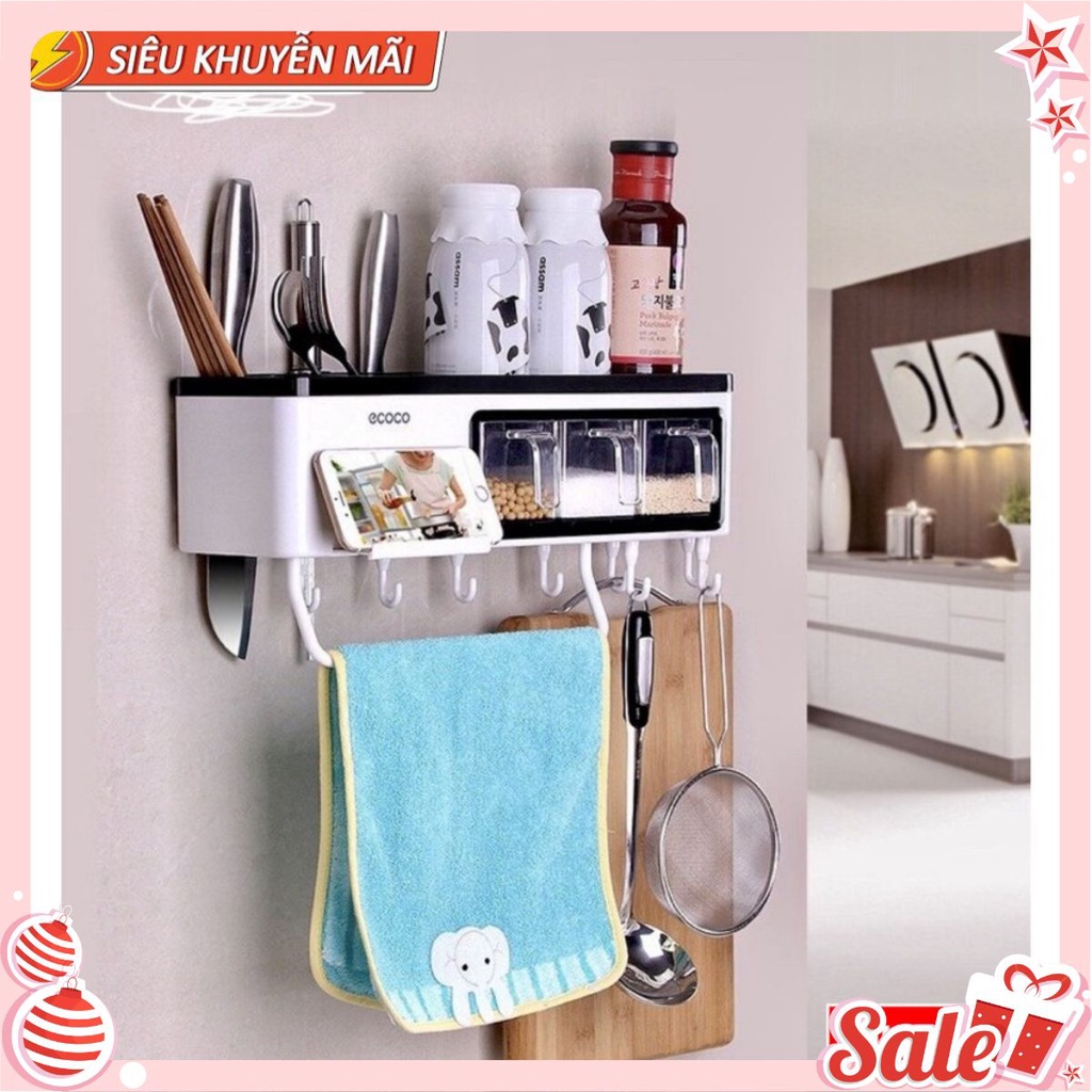 KỆ ĐỂ GIA VỊ, KỆ ĐỂ ĐỒ NHÀ BẾP CÓ MÓC TREO KHĂN THÔNG MINH ECOCO CỰC ĐẸP