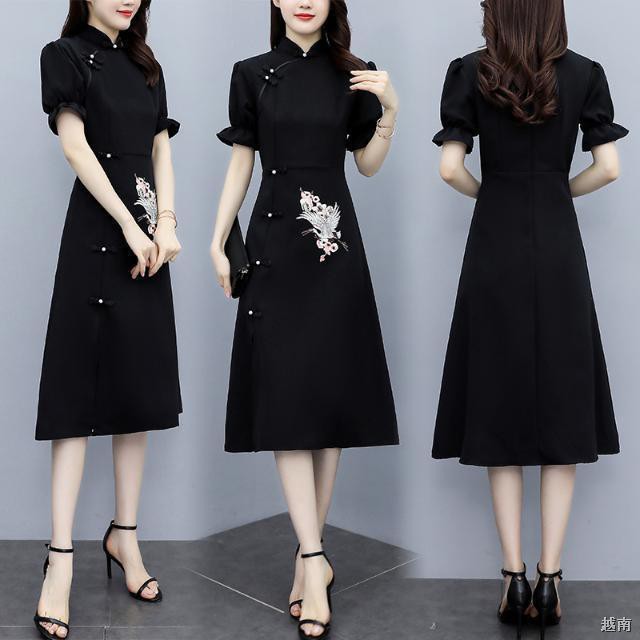 ┅Áo tay phồng kiểu Trung Quốc cải tiến cỡ lớn Váy sườn xám, người mập, cao cấp mẹ mặc, xám thêu hoa màu đen