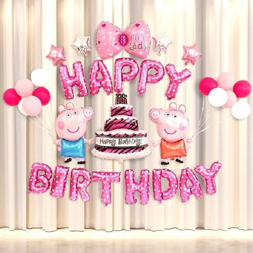 Trọn bộ bóng trang trí sinh nhật Happy Birthday chủ đề heo Peppa/ Mickey tặng kèm bơm tay 101263
