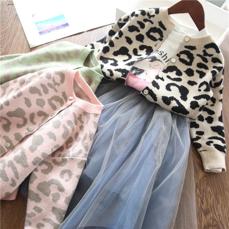 Áo Khoác Cardigan Dệt Kim In Họa Tiết Da Báo Thời Trang Xuân Thu Mới Cho Bé Gái