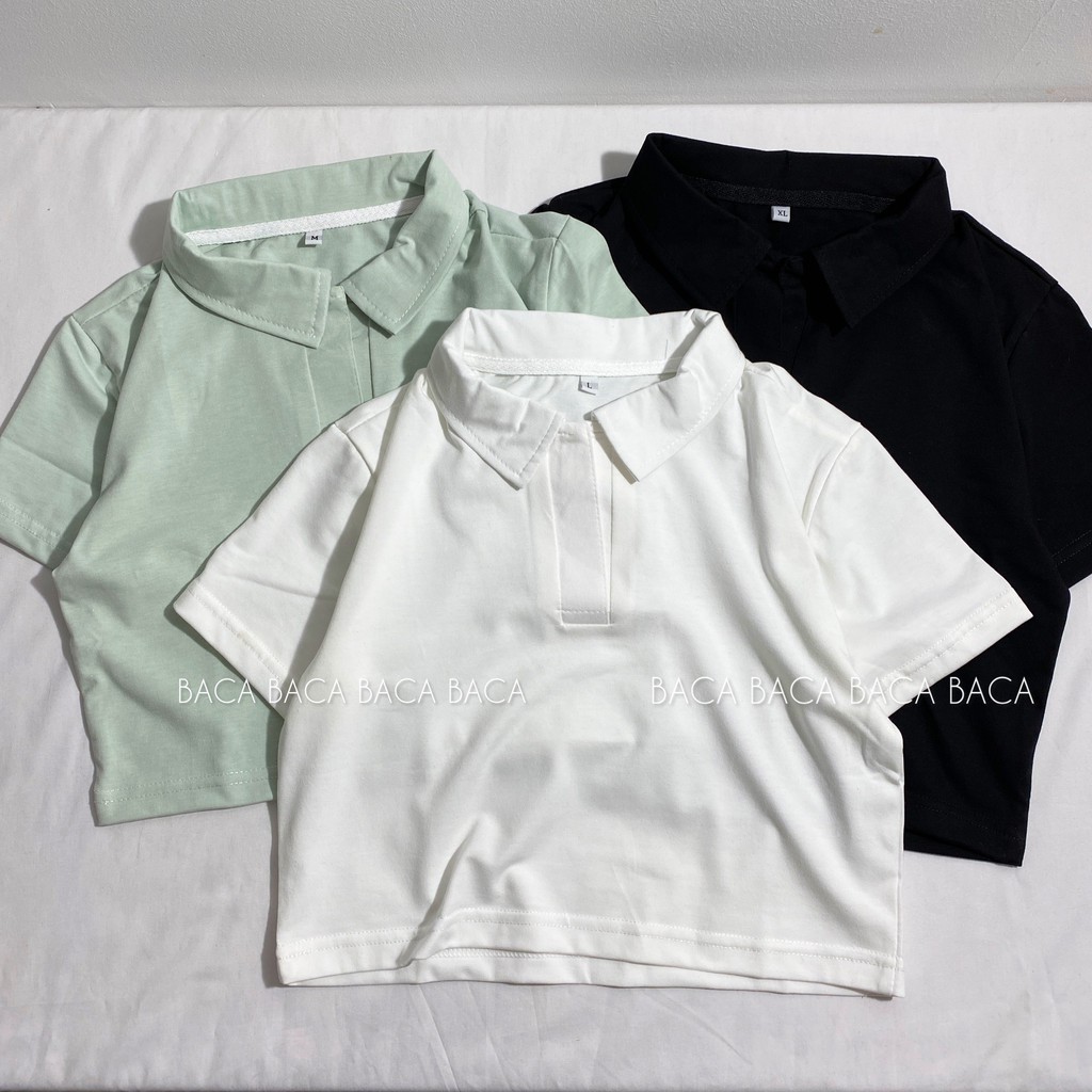 Áo croptop thun nữ dáng ôm cổ bẻ 2 màu Đen Trắng Basic(MLXL)
