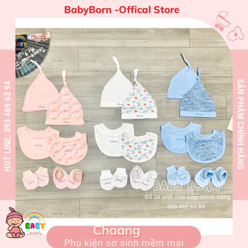 Chaang - Phụ kiện sơ sinh mũ, yếm, bao tay chân mềm mại hoạ tiết mới