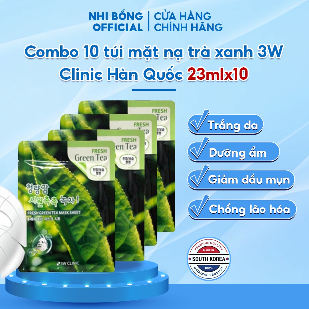 Combo 10 Túi Mặt Nạ Giấy Trà Xanh 3W Clinic Hàn Quốc Chiết Xuất Lá Trà Xanh Giúp Dưỡng Da Mềm Mịn Giảm Dầu Mụn 23mlx10