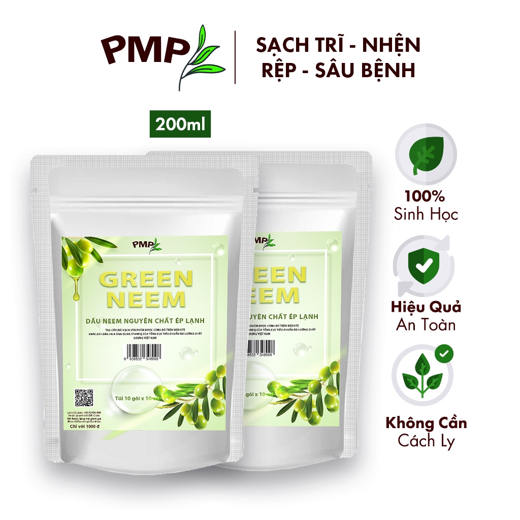 Combo 2 Túi Dầu Neem Oil Hữu Cơ PMP Nguyên Chất Loại Bỏ Rệp, Nhện Đỏ, Nấm, Sâu Bệnh Cho Hoa Hồng, Rau Sạch Green Neem