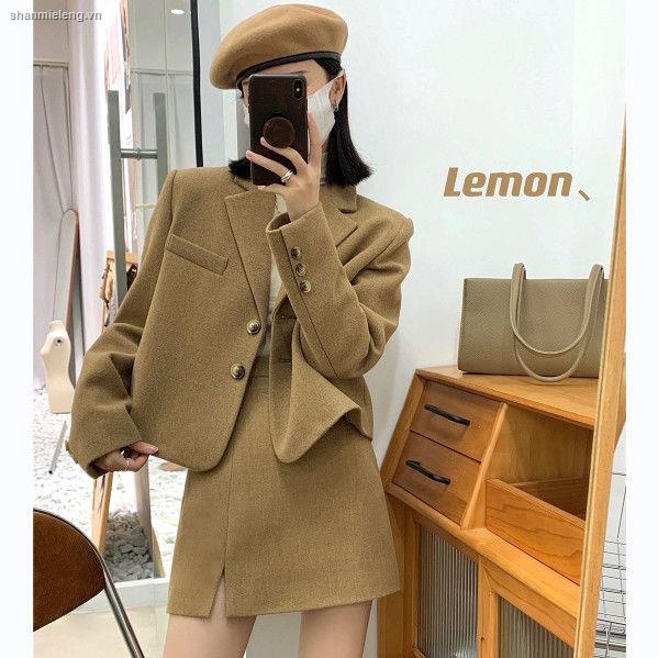 Set áo khoác len phối chân váy lưng cao thời trang thu đông cho nữ