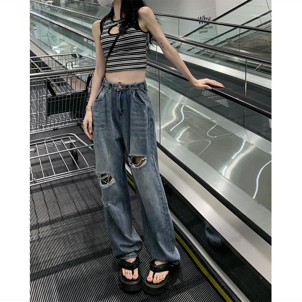Quần jeans Rách Ống Rộng Lưng Cao Phong Cách retro