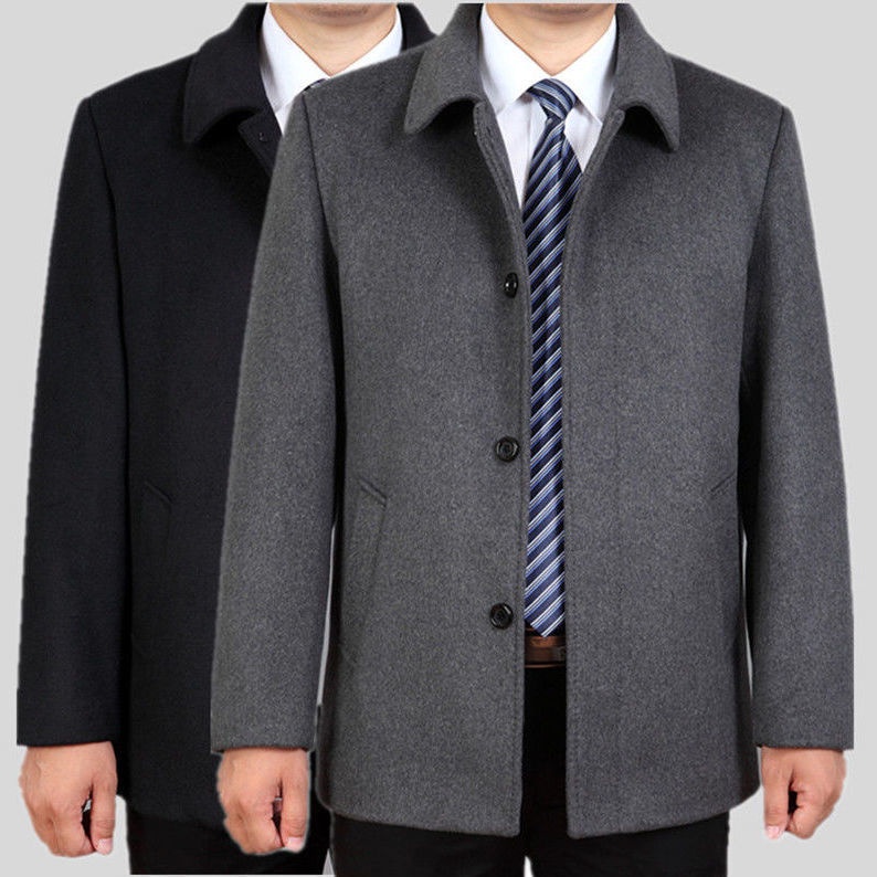 Áo khoác cashmere trung niên và cao tuổi của nam giới có chiều dài bình cộng với người béo vải len ngắn nhung dày trang