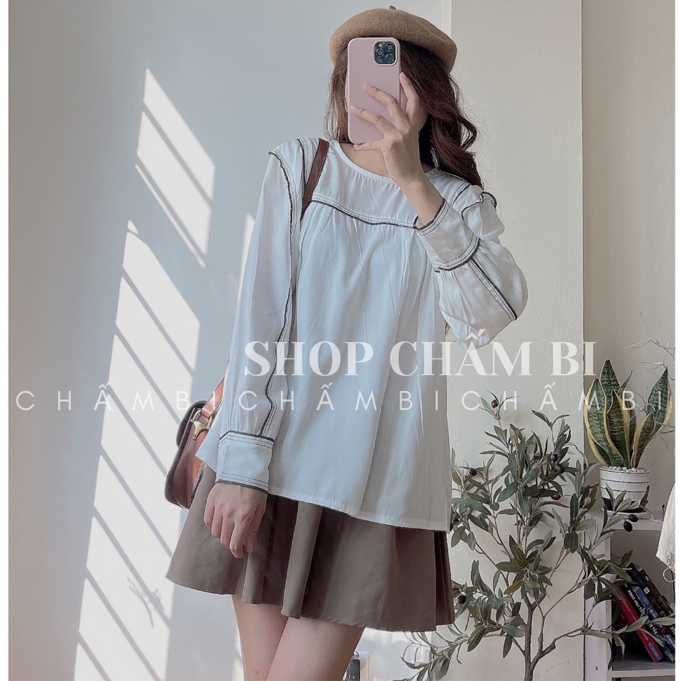 Áo sơ mi dài tay A.272, Áo babydoll cổ tròn viền đen chữ U ngực và dọc tay áo cực xinh