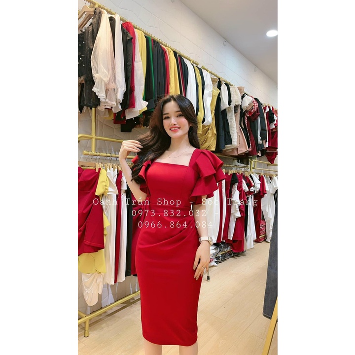 VÁY BODY CỔ VUÔNG BÈO TAY CÓ MÚT NHÚN HÔNG