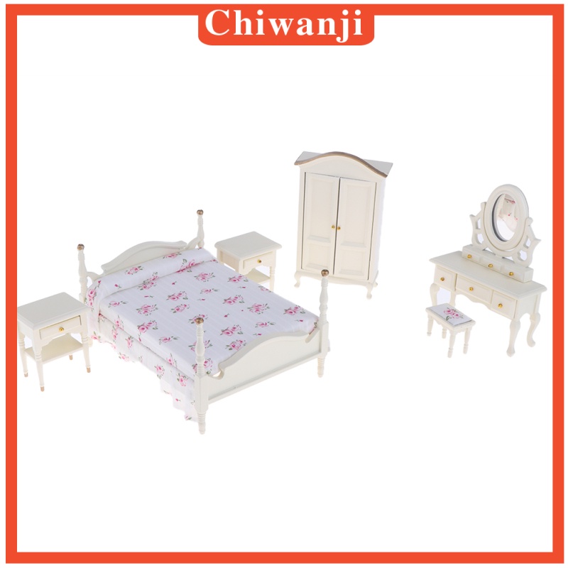 Bộ 6 Đồ Nội Thất Phòng Ngủ Bằng Gỗ Màu Trắng Tỉ Lệ 1: 12 Dùng Trang Trí Nhà Búp Bê