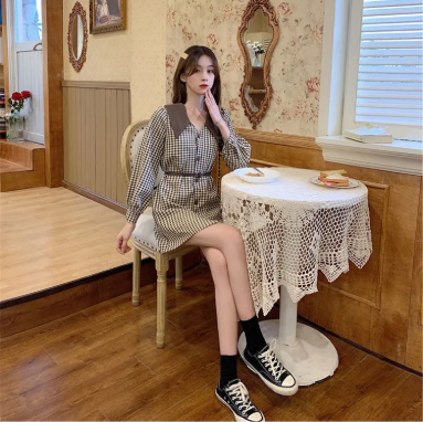 Đầm Nữ Ca Rô Dài Tay Cổ Bẻ Eo Thắt Nơ Thời Trang