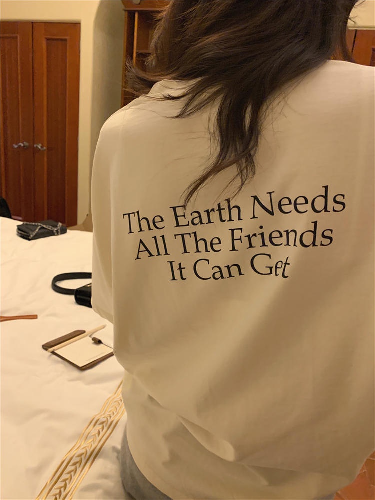 Áo Thun Tay Ngắn Cổ Tròn In Chữ Dáng Rộng Phong Cách Hàn Quốc 50371